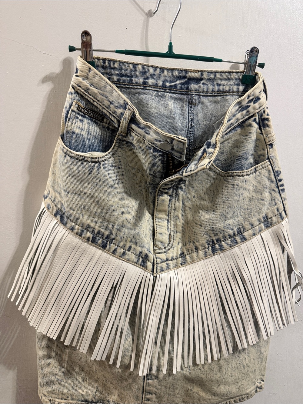 Acid Wash Denim Skirt with White Fringe